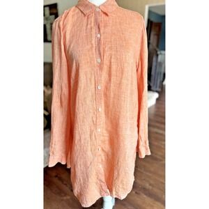 J.Jill Women L  Love Linen Coral Orange 100% Linen Button Up‎ Blouse Tunic